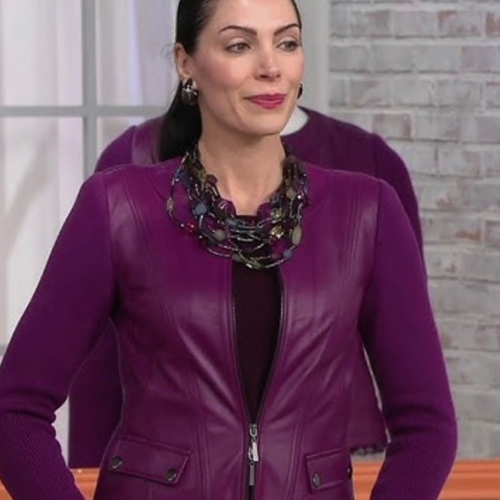 Linea by Louis Dell'Olio Lamb Leather Jacket Sweater Sleeves & Back Plum/Wine 18 - Picture 2 of 12